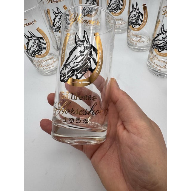 Mid-Century Modern Vintage Mint Julep Gillette Horseshoe Winner Glasses 1956 Horse Motif Barware -Set of 8 For Sale - Image 3 of 7