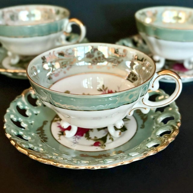 Victorian Vintage Royal Sealy Teacup Trio: Iridescent Green China With Pink Roses - Set of 3 Cups & 3 Saucers For Sale - Image 3 of 10