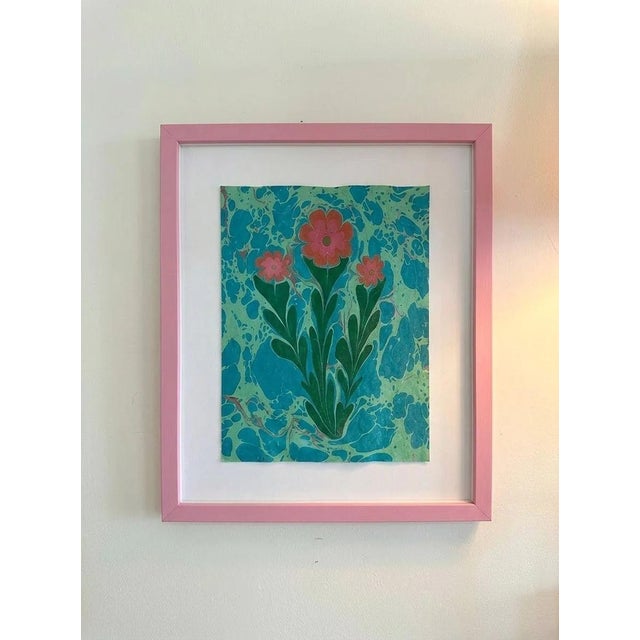 Unique, one of a kind and original Ebru flower paintings with a marbled background by artist, ByMelvin.