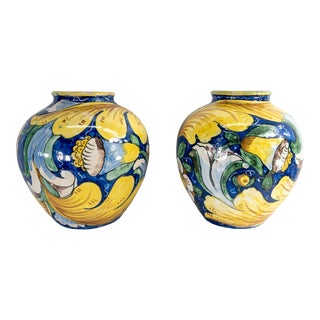 19th Century Pair of Italian Majolica Faience Drug Jar Vases For Sale