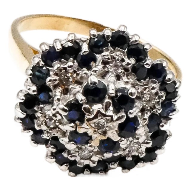 Mid 20th Century Vintage Sapphire and Diamond Flower Cluster Gold Ring Size 8.5 Inches For Sale