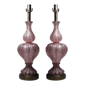 Vintage Pink Murano Glass Lamps with Silver Foil by Barovier - A Pair
