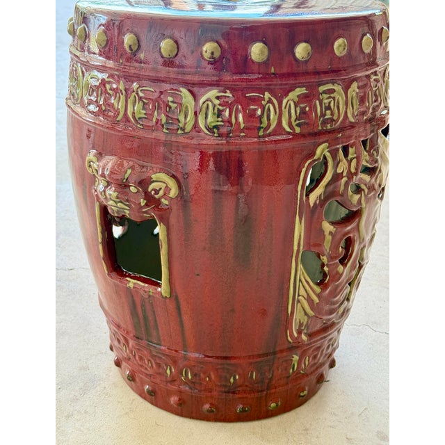 Chinoiserie Vintage Oxblood Red Chinese Ceramic Glazed Garden Stool With Pierced Detailing For Sale - Image 3 of 12
