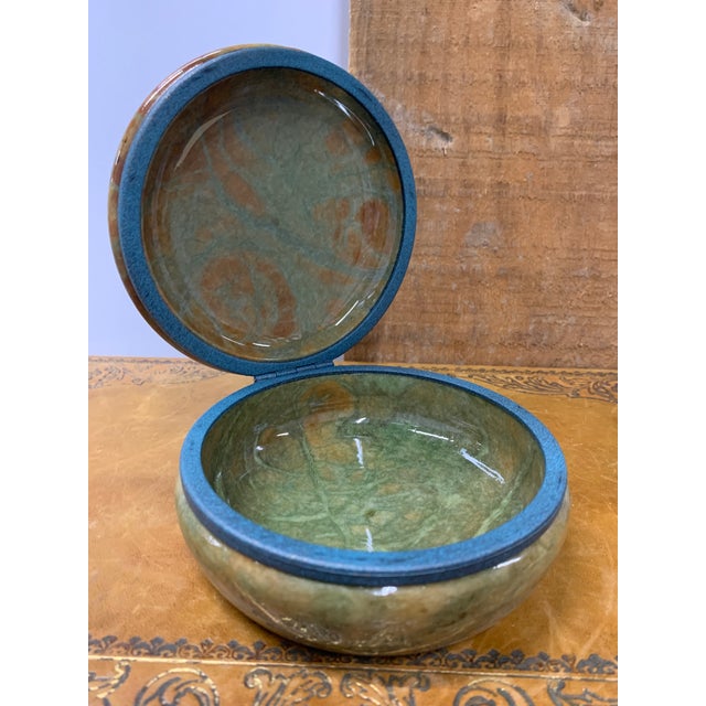Vintage Italian Hand Carved Amber, Gold and Olive Green Round Alabaster Marble Trinket Box