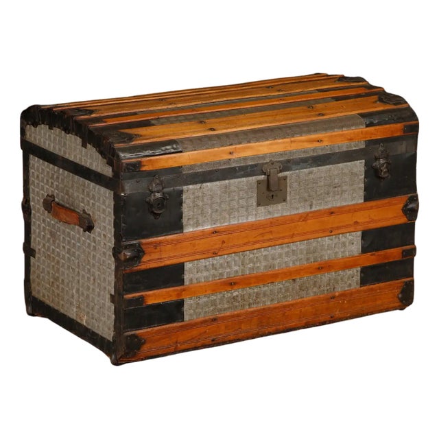Antique Dome-Top Steamer Trunk With Embossed Zinc Panels and Wood Slats, C. 1890 For Sale