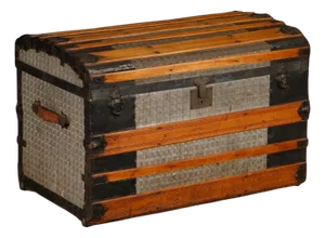 Antique Dome-Top Steamer Trunk With Embossed Zinc Panels and Wood Slats, C. 1890