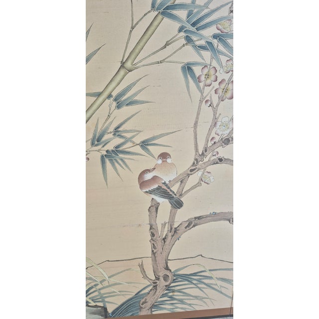 1950s Vintage Four-Panel Painted Silk Screen "Sparrows in Bamboo" ~Signed For Sale - Image 5 of 6