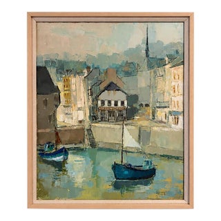 Vintage French Harbor Painting in a Light Wood Frame, Signed For Sale