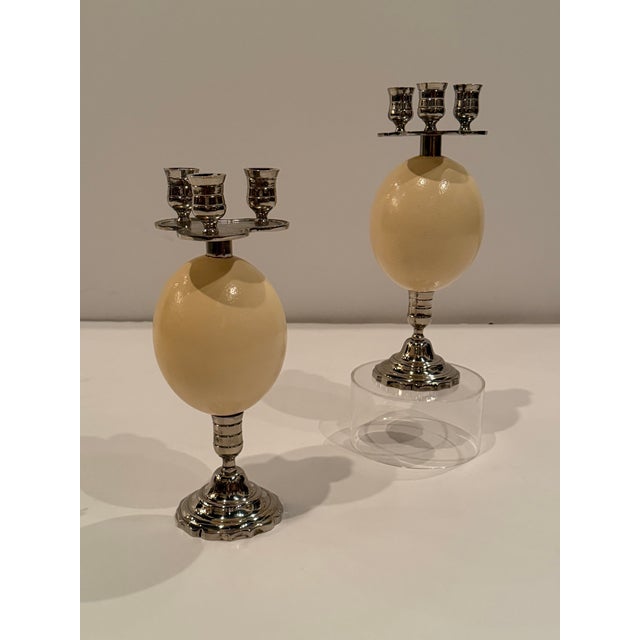 Silver Plate & Ostrich Egg Candlesticks -a Pair For Sale - Image 11 of 14