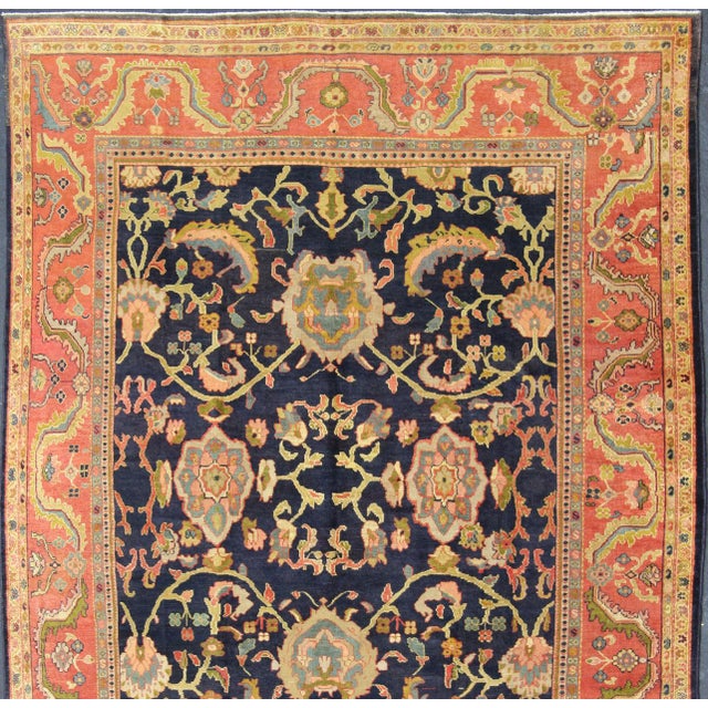 Tribal Antique Persian Sultanabad Carpet in Navy Blue Background and Rose Red Border 10'5 X 13' For Sale - Image 3 of 18