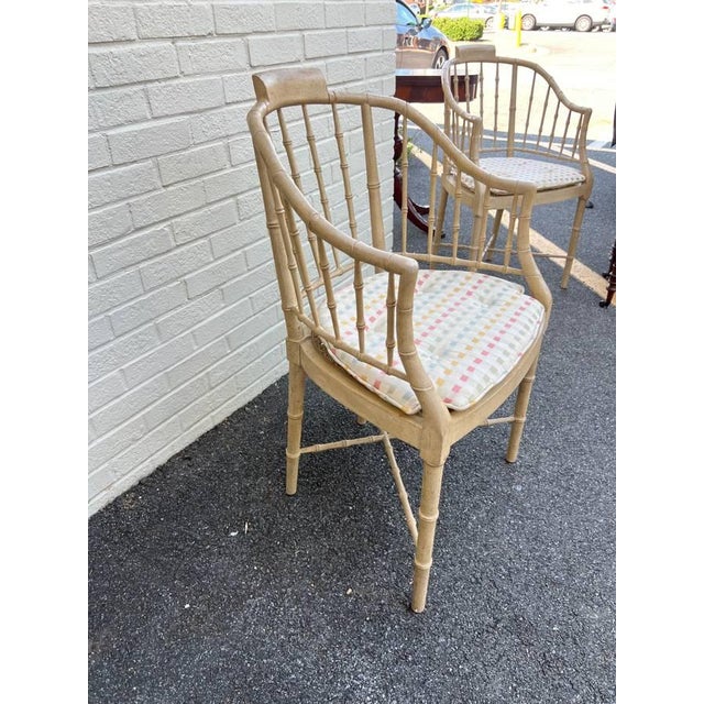 Pair of Mid 20th Century Baker Furniture Vintage Regency Style Tan Color Faux Bamboo Cane Seat Tub Chairs For Sale - Image 4 of 11