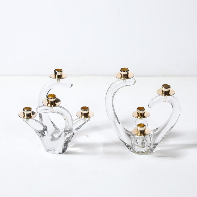 1950s Pair of Mid-Century Amorphic Crystal & Brass 4 Arm Candelabras Signed Schneider For Sale - Image 5 of 15