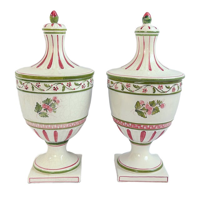 Meiselman Imports Mid 20th Century Italian Meiselman Imports Hand-Painted Pink & Green Lidded Urns – A Pair For Sale - Image 4 of 8