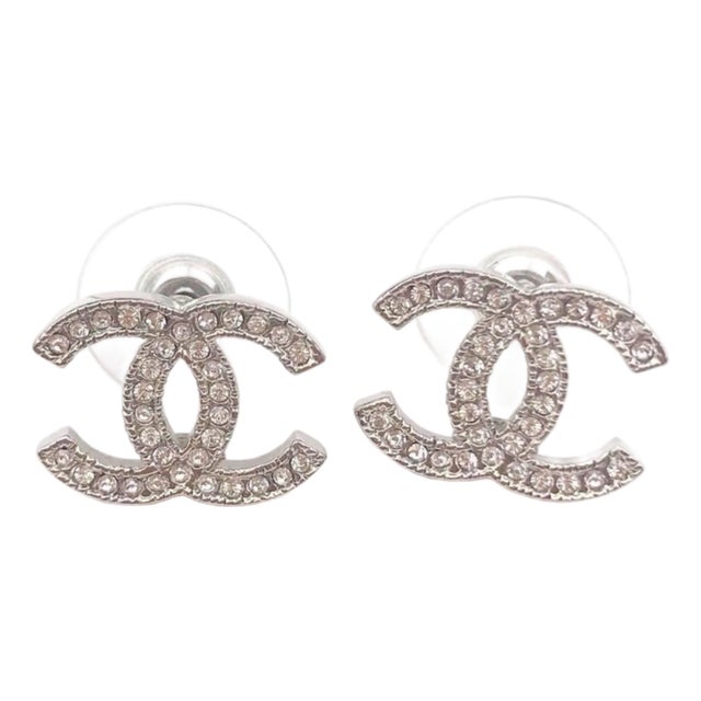 Chanel Classic Silver CC Crystal Moscova Piercing Earrings, A Pair For Sale
