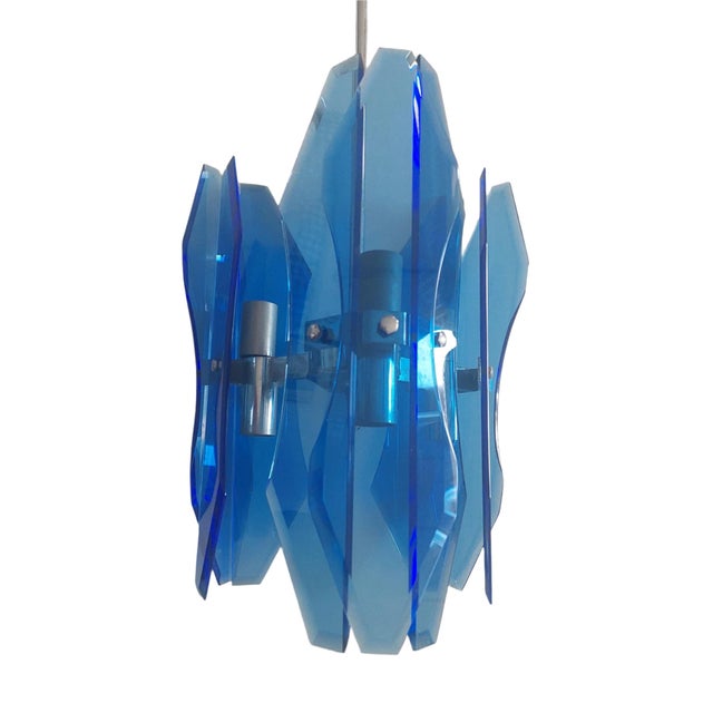 This beautiful blue Murano glass ceiling lamp from Veca 70 is in almost new condition with a polished chrome fitting and...