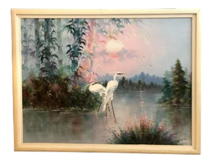 1960s Chinoiserie Framed Oil Painting on Canvas