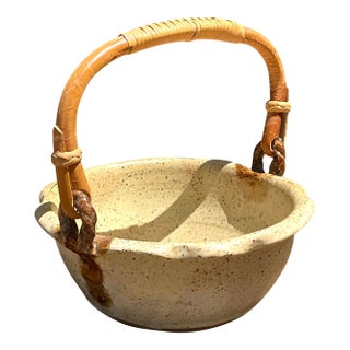 Vintage Rattan Handle Studio Pottery Bowl For Sale