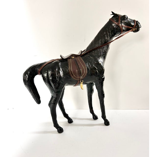 Traditional Vintage Black Horse Sculpture With Leather Saddle & Bridle – Equestrian Decor – Ralph Lauren Style Library Accent For Sale - Image 3 of 12