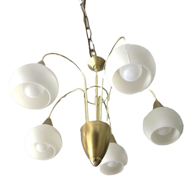 Brass and Opaline Glass 5-Light Chandelier from Honsel Leuchten, Germany, 1970s For Sale