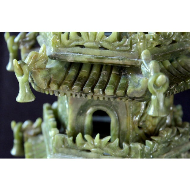 Vintage Chinese Jade Pagoda Sculpture – Hand-Carved Multi-Tier Celadon Green Temple Tower, Asian Feng Shui Decorative Stone Figurine on Red Wood Stand For Sale - Image 15 of 17