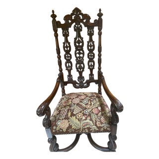 Antique Gothic Jacobean Style Carved Ornate Walnut Throne Accent Chair For Sale