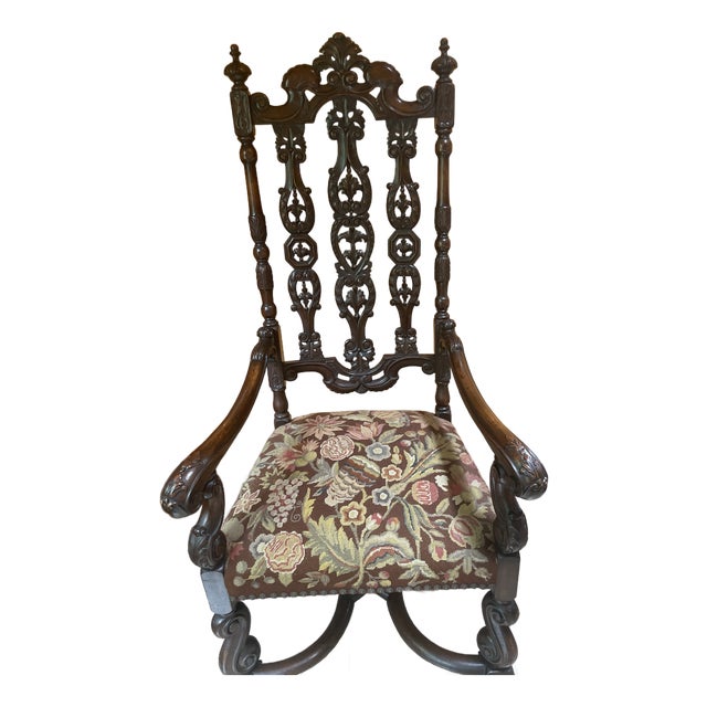 Antique Gothic Jacobean Style Carved Ornate Walnut Throne Accent Chair For Sale