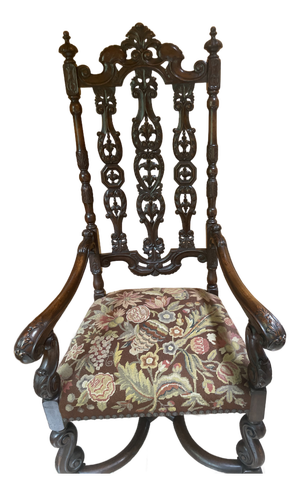 Antique Gothic Jacobean Style Carved Ornate Walnut Throne Accent Chair