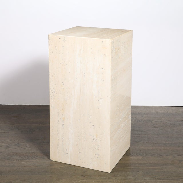 1970s Mid-Century Modernist Rectilinear Minimal Travertine Pedestal For Sale - Image 5 of 11