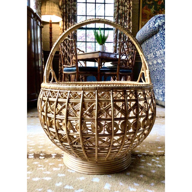 Mid 20th Century Vintage Large Woven Rattan Basket With Handle For Sale - Image 4 of 13