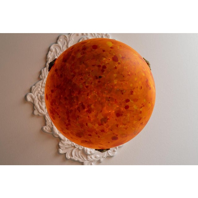 Metal French Art Deco Mottled Orange Glass & Brass Pendant Light, 1930s For Sale - Image 7 of 18