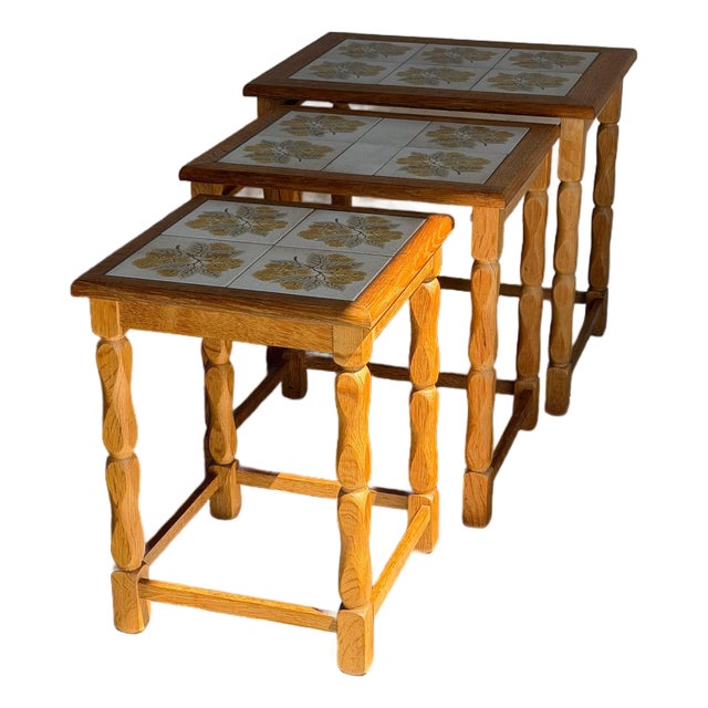 Vintage Oak Tile Top Nesting Tables Set of 3 Denmark Mid-Century Modern 1970s For Sale