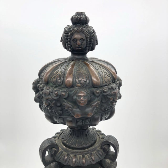 Antique Pair of Large Ornate Bronze Figural Chenet Andirons For Sale - Image 4 of 12