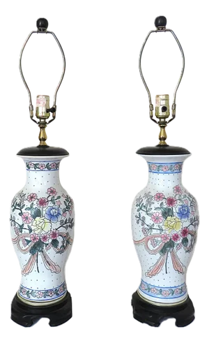 Late 20th Century White Table Lamps W/ Bouquets of Flowers Floral - a Pair