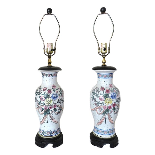 Pair of White Table Lamps W/ Bouquets of Flowers Floral For Sale