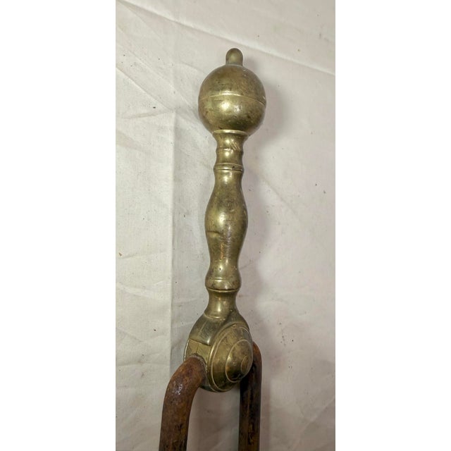 English Antique 18th Century Wrought Iron Turned Brass English Fireplace Tongs Tool 7 For Sale - Image 3 of 10