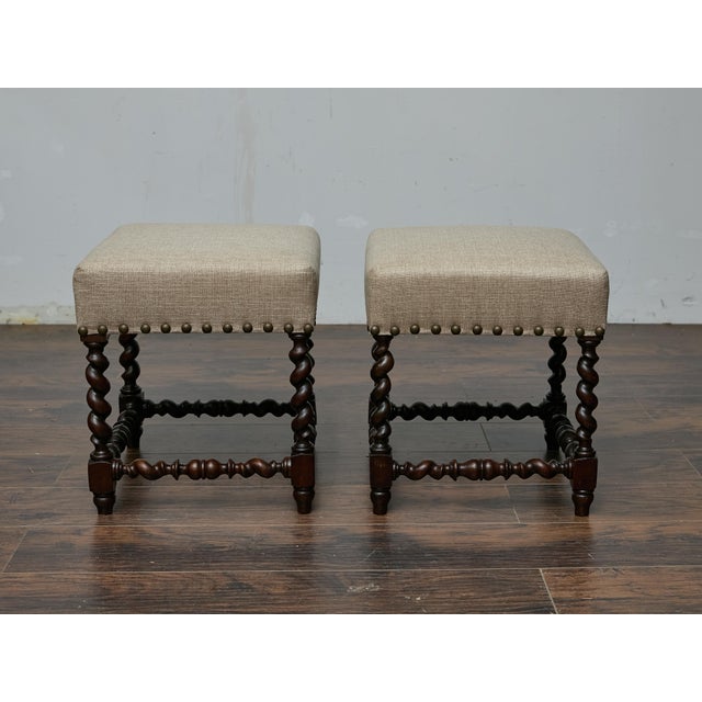 Brown Pair of 19th-Century English Barley Twist Hardwood Stools with Linen Upholstery For Sale - Image 8 of 8