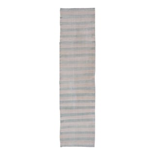 Vintage Turkish Kilim Runner With Soft Blue and Ivory Stripes For Sale
