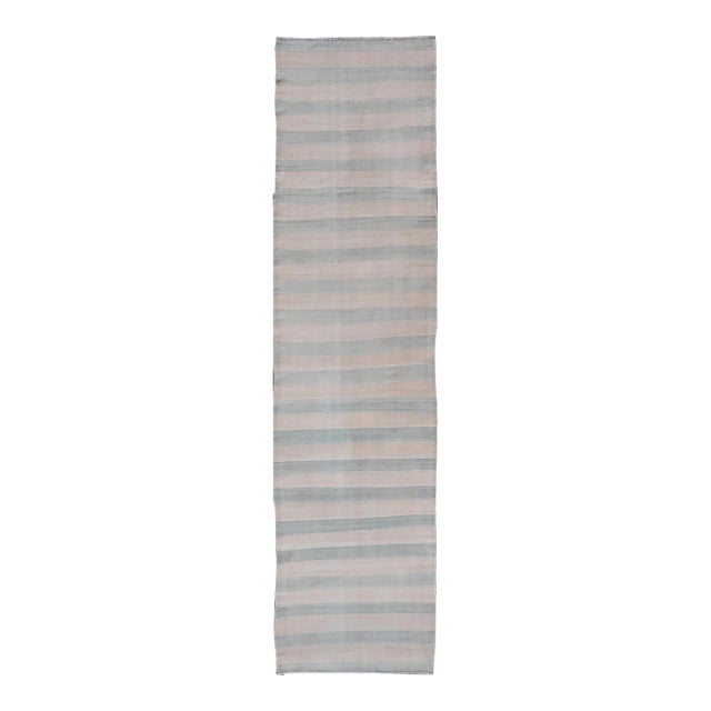 Vintage Turkish Kilim Runner With Soft Blue and Ivory Stripes For Sale