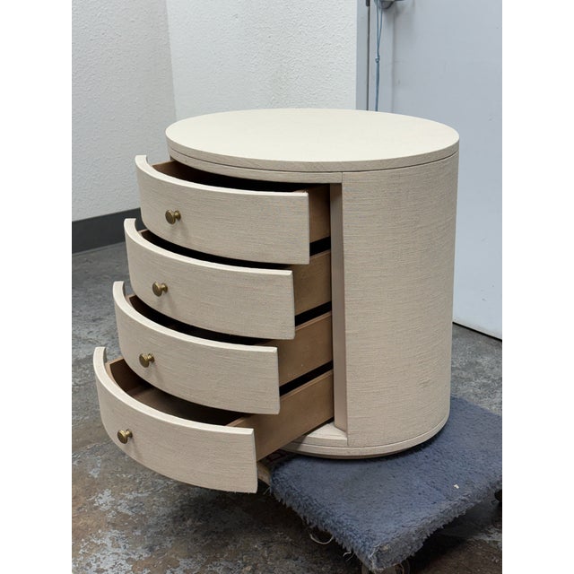Wood Kathy Kuo Beatrice Modern Classic Cream Painted Linen Oval Nightstand For Sale - Image 7 of 12