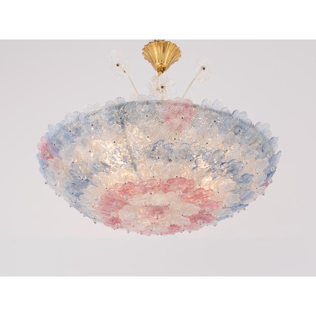 1950s Murano Glass Floral Barovier & Toso Blue Clear Pink Flower Basket Chandelier For Sale - Image 10 of 12