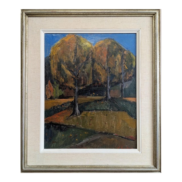 Mid-Century Modern 'Trees in Autumn' Original Expressive Landscape Oil Painting, Framed For Sale