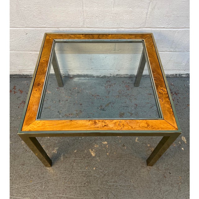Mid 20th Century Mid 20th Century Brass & Burl Accented Glass Side Table For Sale - Image 5 of 13