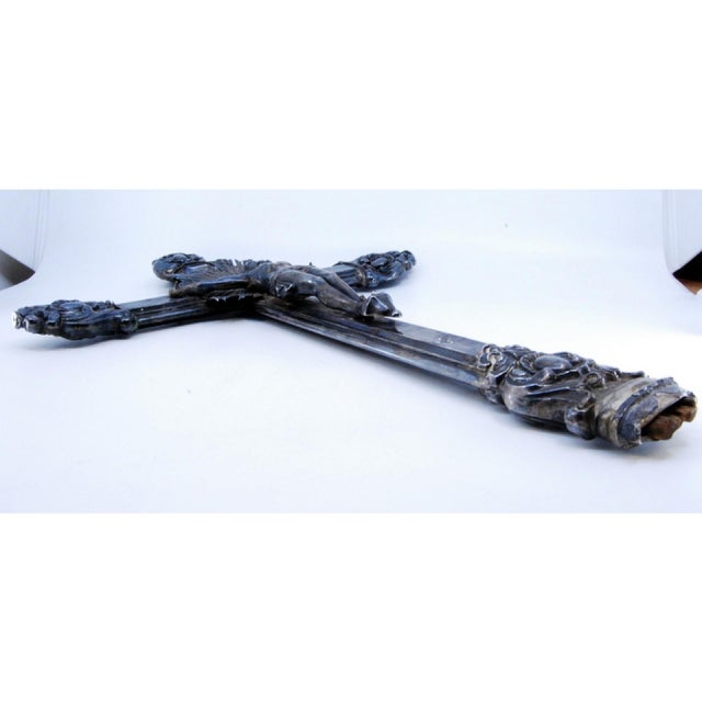 Silver Crucifix with Wooden Interior with Reliefs For Sale - Image 4 of 9