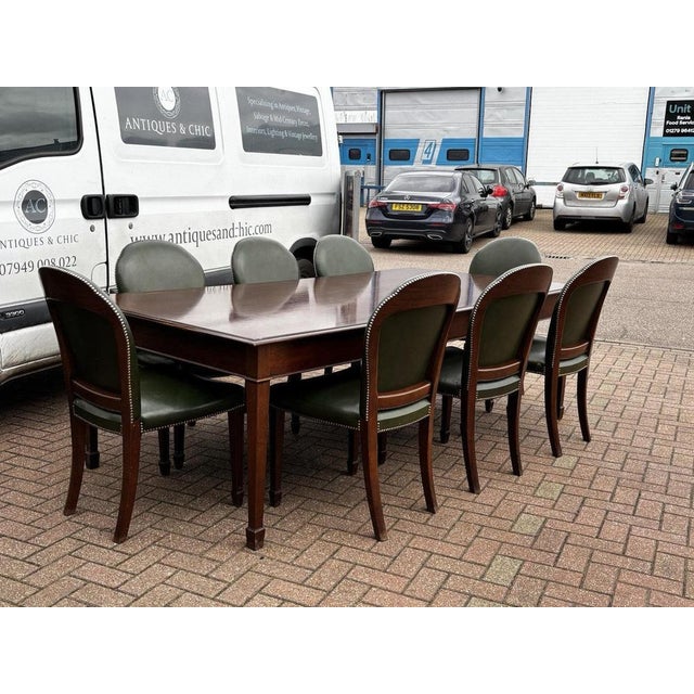 Dining Table and Dining Chairs in Green Leather, Set of 9 For Sale - Image 5 of 18