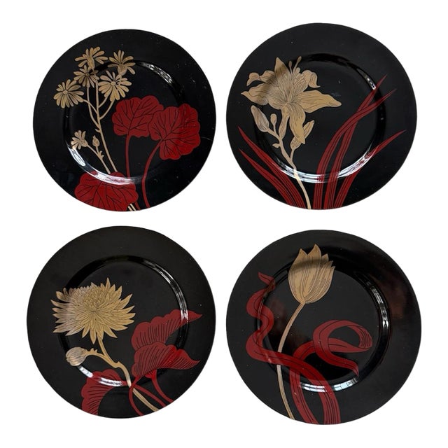 Fitz and Floyd 1979 Imperial Garden Black Floral 7.5” Plates 1979 Vintage - Set of 4 For Sale