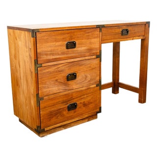 Mid Century Modern Desk Office Campaign Wood Brass Trim 4 Drawer Vintage MCM For Sale