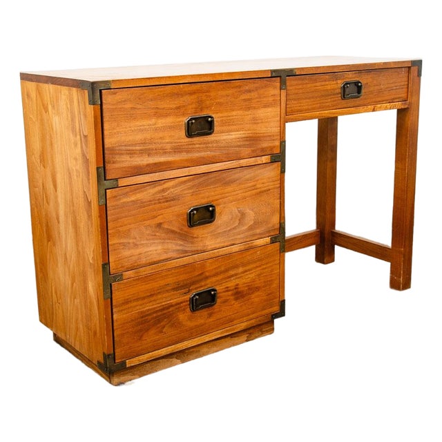 Mid Century Modern Desk Office Campaign Wood Brass Trim 4 Drawer Vintage MCM For Sale