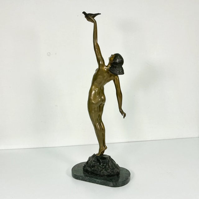 Vintage French Art Deco Pierre Le Faguays Bronze Nude Sculpture, Girl With Dove For Sale - Image 12 of 18