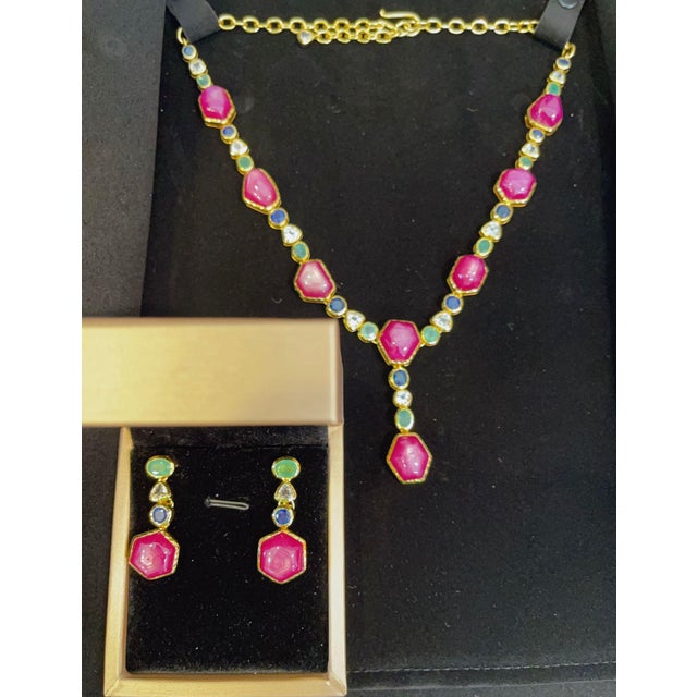 Bochic “Capri” Blue, Multi Sapphire & Ruby Necklace Set 18K Gold & Silver For Sale - Image 11 of 11