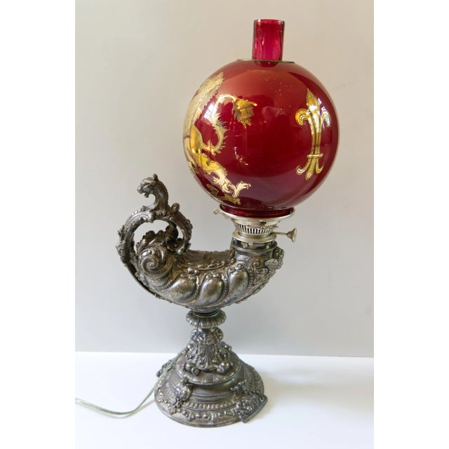 19th Century Harvard Student Table Lamp With Red Glass Globe For Sale - Image 13 of 13